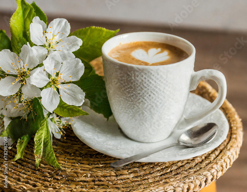 Greeting card mockup  cup of coffee. Feminine styled photo. Floral scene with blurred white cherry tree blossoms on wool taburet  stool. Wooden parquet floor. Selective