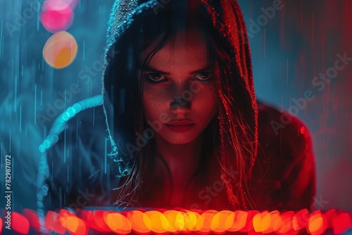 A woman's face half-lit in a mysterious red light, raindrops adding to the dramatic atmosphere photo