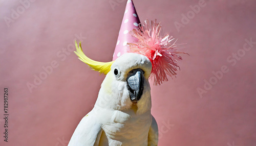 Happy white cockatoo parrot with yellow cheeks wearing party paper hat with pink tassel pompom. Smiling pet bird, Australian animal. Pink background. Funny birthday party, new year celebration banner. photo