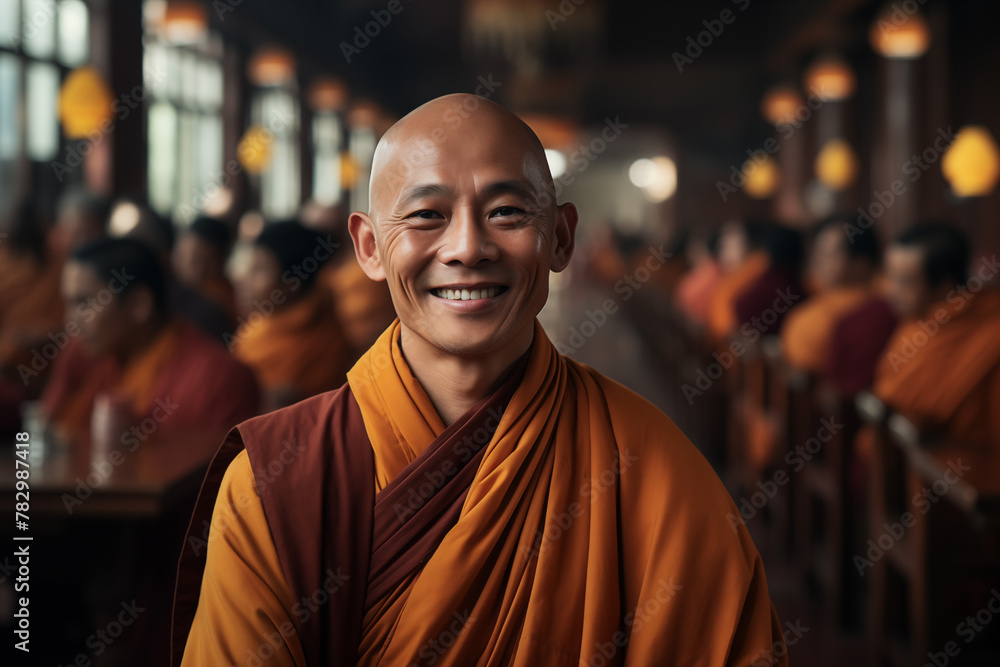 Fototapeta premium Smiling Buddhist monk. Buddhist religion. Taoism religion. Topics related to the Buddhist religion. Meditation, yoga. Confucianism. Monk's retreat. AI.