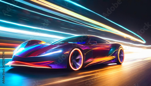 Modern futuristic car in movement. Sports luxury cars lights on the road at night time. Timelapse, hyperlapse of transportation. Motion blur, light trails, abstract soft glowing lines on street road photo