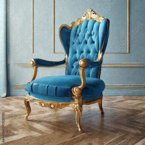 Modern style conceptual interior room 3d illustration of a victorian blue chair