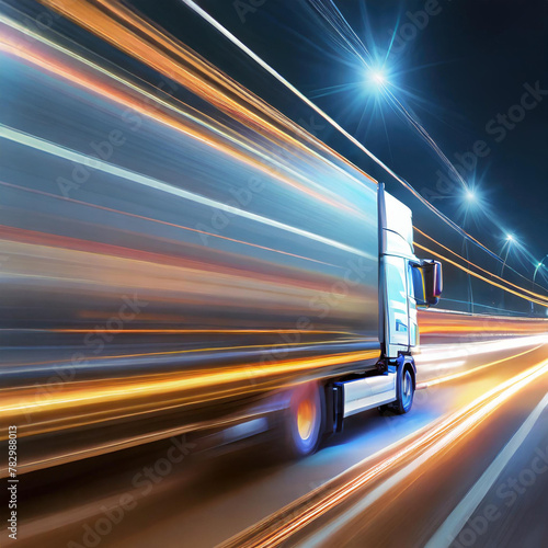 Moving truck on highway in night time. Motion blur, light trails. Transportation, logistic. Timelapse, hyperlapse of transportation. Abstract soft glowing lines