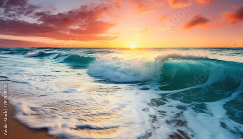 Beautiful sunset reflection on the wave. Powerful storm surge before gurgling and foaming  ocean wave panoramic background