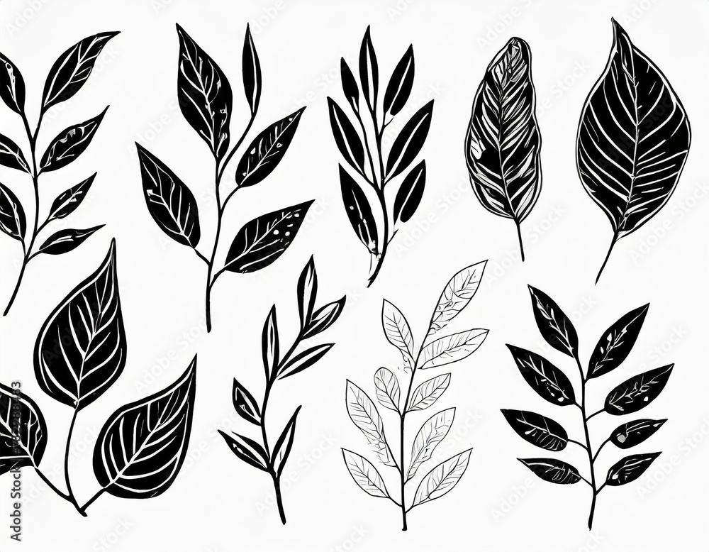 set, collection of simple leaves and branches isolated on a white background, minimalism flat graphics for design, black and white style set, collection of simple leaves and branches isolated on a white background, minimalism flat graphics for design, black and white style