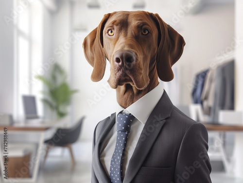 Confident Dog Professional Executive wearing Formal Business Suit standing and thinking in Modern Office as a Successful Leader in the Company managing Employees at work. Manager and Employer.  