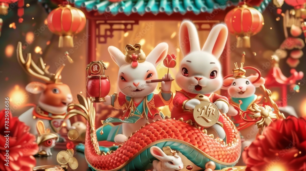 Card for 2023 Chinese New Year. The dragon is adorned with two rabbits riding on coins, one with a lantern, and the other playing the drum. On the back there is a couplet wishing you a happy new