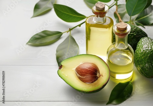 Vibrant green avocado halves and translucent bottles of avocado oil presented on a white wooden surface with lush leaves