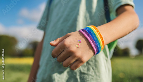 Teenage boy with wristlet with autism infinity rainbow symbol sign on his hand. World autism awareness day, autism rights movement, neurodiversity, autistic acceptance movement