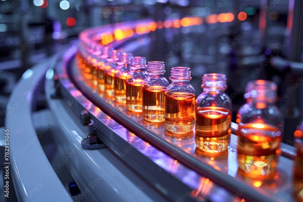 Glowing amber vials on an automated pharmaceutical production line reflecting precision and technology