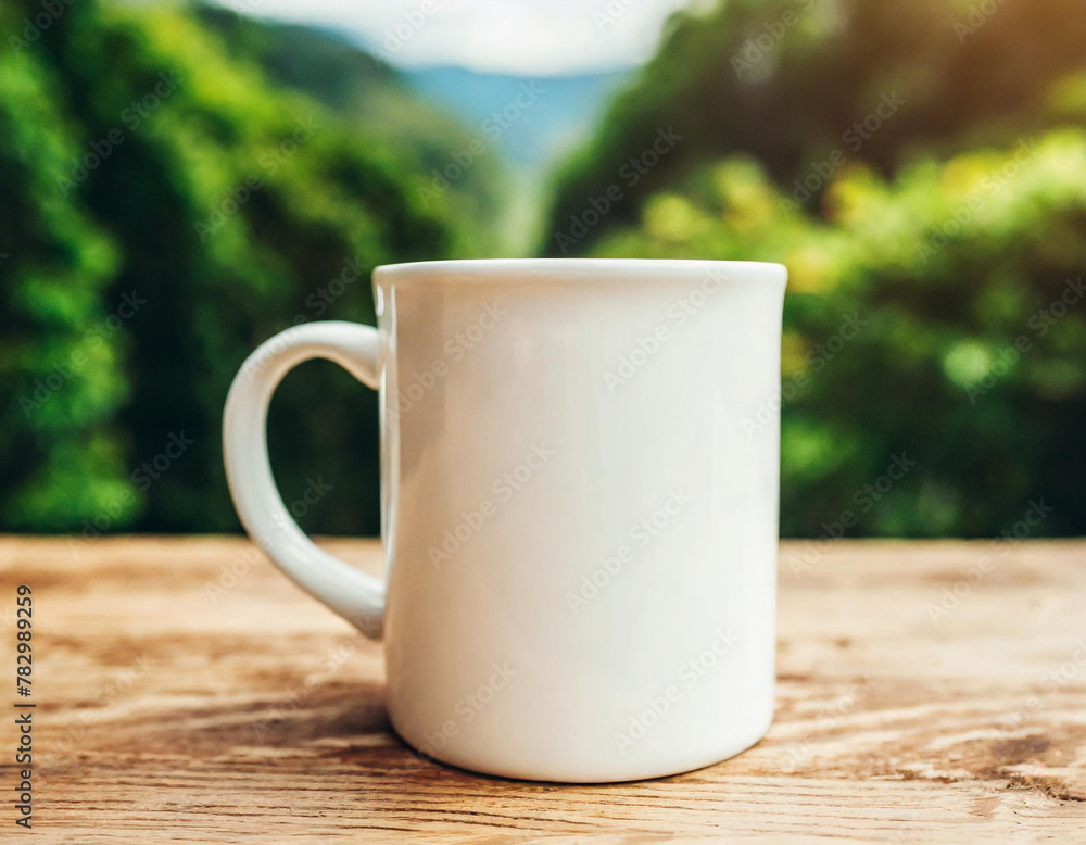 White blank coffee mug standing on table top with blurred bokeh background. Blank coffee cup mug mockup template