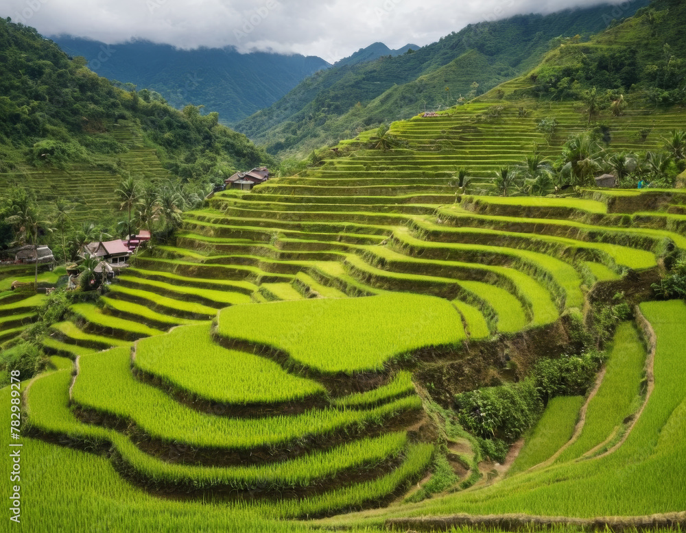 The image features a lush green rice terrace in a valley between mountains. The terraces are at varying levels, with some closer to the foreground and others further away.