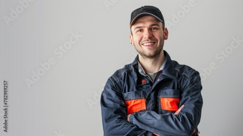  portrait of a cleaner in a work uniform, smiling, front view. White background, studio lighting, soft light, day, real image, realistic, real life, social media, publish, high quality, high resolutio
