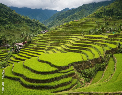 The image features a lush green rice terrace in a valley between mountains. The terraces are at varying levels, with some closer to the foreground and others further away.
