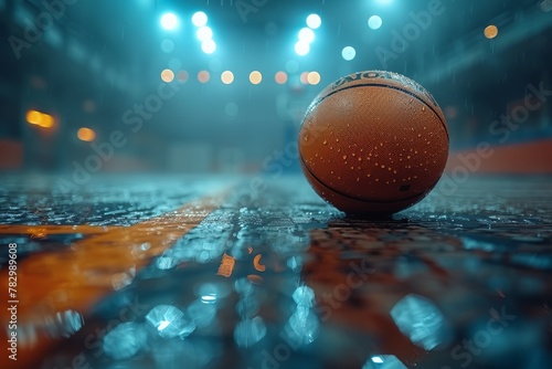 Close-up view of a basketball on a reflective wet court with captivating light bokeh effects in the backdrop