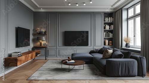 Wallpaper Mural Living room interior, minimalist style, straight sofa in the center of the room, in pastel gray tones, with bright accents in the interior, maximum realism, high quality, 8k, isolated edges Torontodigital.ca