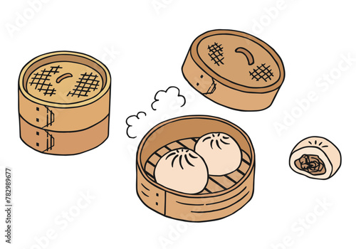 肉まん・豚まん・蒸籠の手描きイラストセット（線画カラー）