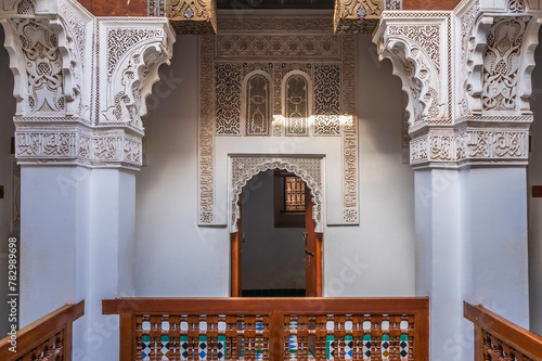 Intricate interior of Ben Youssef Madrasa, founded by the Merenid Sultan Abou el Hassan in the 14th century. photo