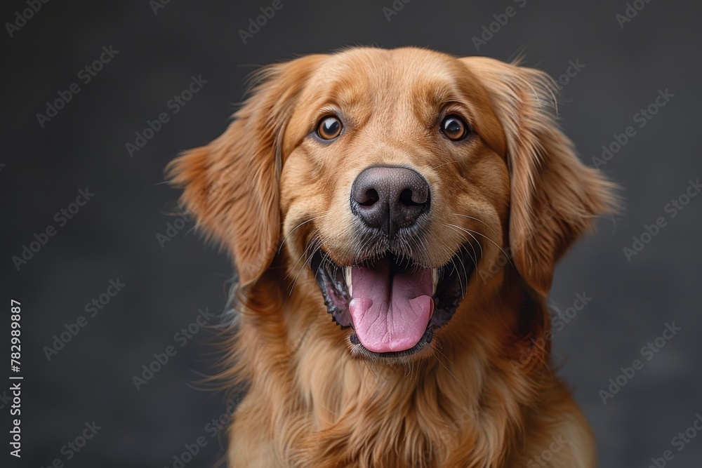 An endearing golden retriever's portrait with a big smile, exuding warmth and friendliness on a contrasting black background