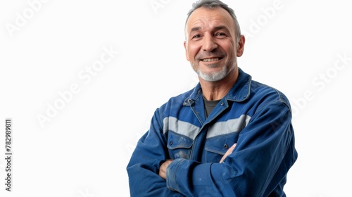  portrait of a cleaner in a work uniform, smiling, front view. White background, studio lighting, soft light, day, real image, realistic, real life, social media, publish, high quality, high resolutio