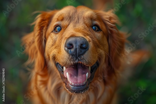 Close-up of an adorable golden retriever with a tongue out, looking playful and happy surrounded by a vivid green natural background
