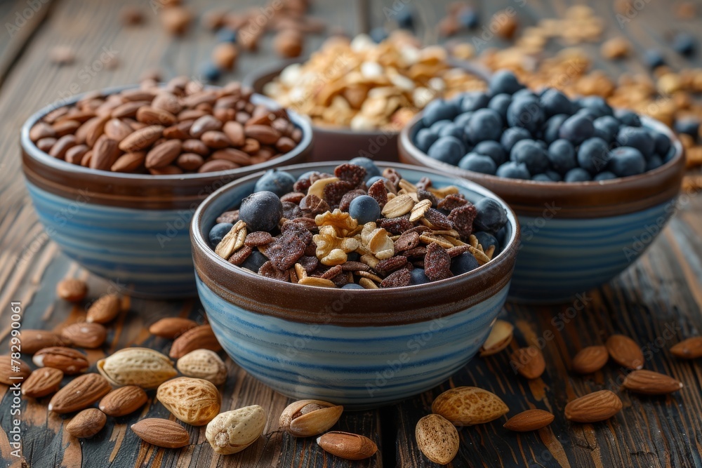 Healthy snacking options with nuts and dried fruits in ceramic bowls on a wooden surface Healthy snacking options with nuts and dried fruits in ceramic bowls on a wooden surface
