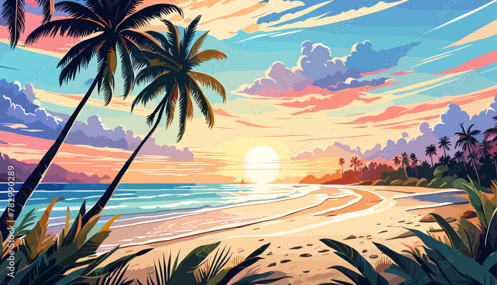 Sunset in Tropical Sea beach background, landscape with sand beach, sea water edge and palm trees. Colorful vector art illustration, banner, wallpaper	
