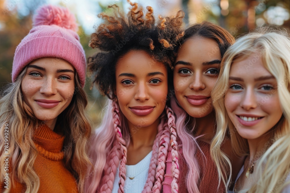 Group of diverse friends with colorful winter fashion outdoors Group of diverse friends with colorful winter fashion outdoors