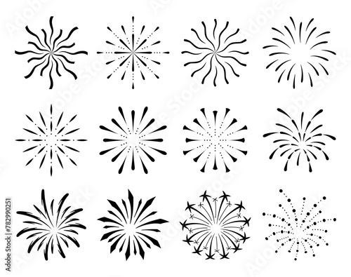 Collection of flat fireworks. Festive sparkles, carnival salutes. Outline firework explosion elements. Sketch pyrotechnics celebrate stars