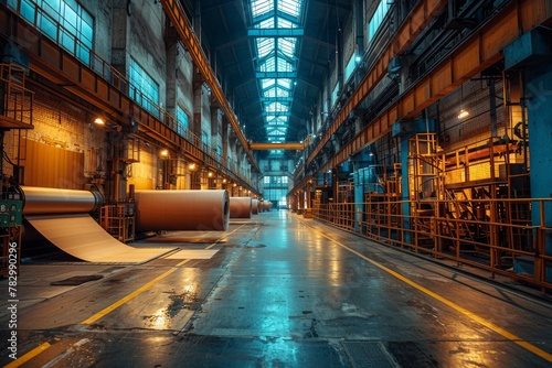 The wide interior of a paper manufacturing plant with rolls and lines under the dusky industrial lights