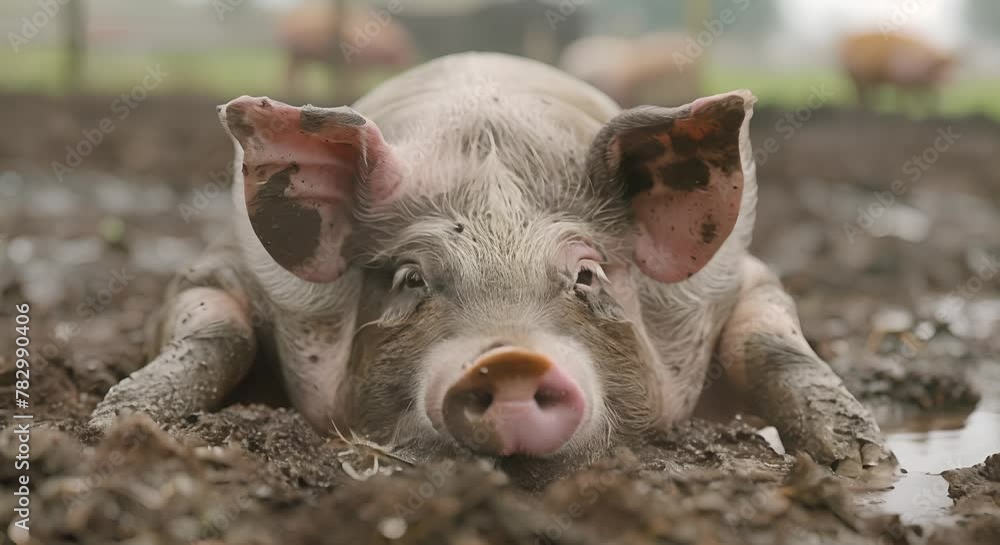 A pig covered in mud is lying in the mud A pig covered in mud is lying in the mud