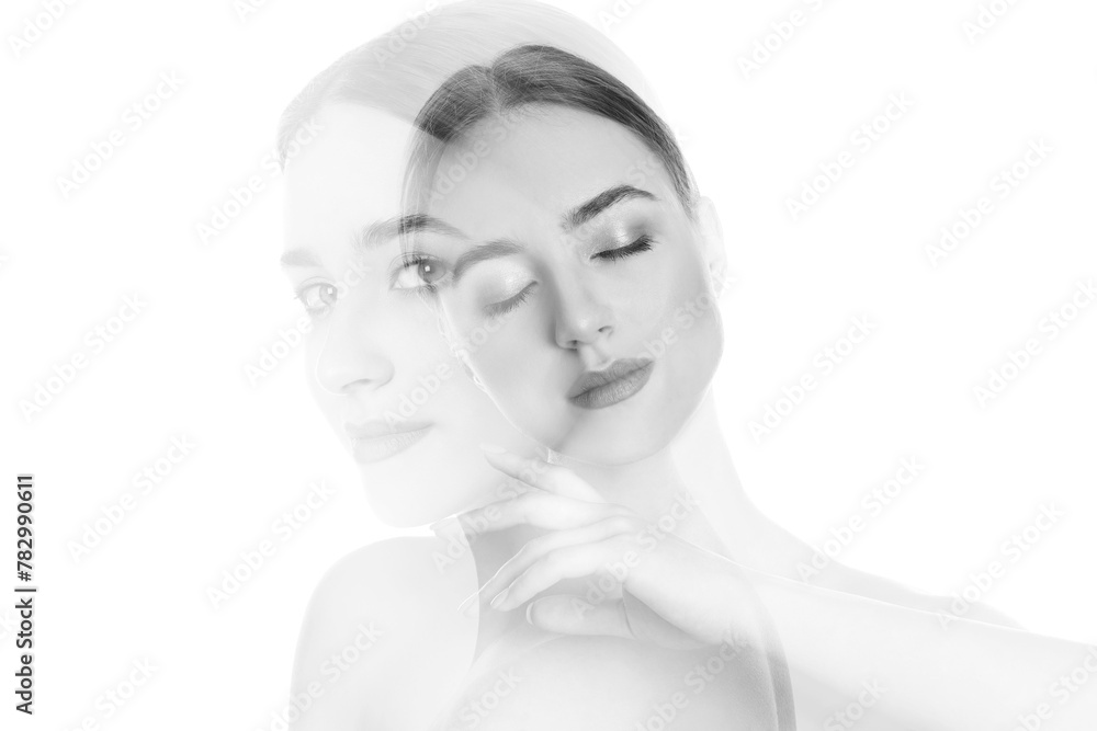 Double exposure of beautiful young woman. Black and white effect Double exposure of beautiful young woman. Black and white effect