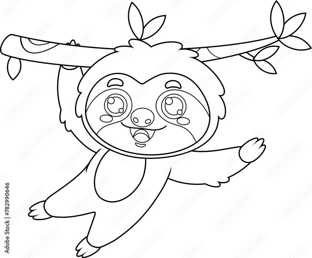 Fototapeta premium Outlined Funny Cute Sloth Cartoon Character Waving For Greeting. Vector Hand Drawn Illustration Isolated On Transparent Background