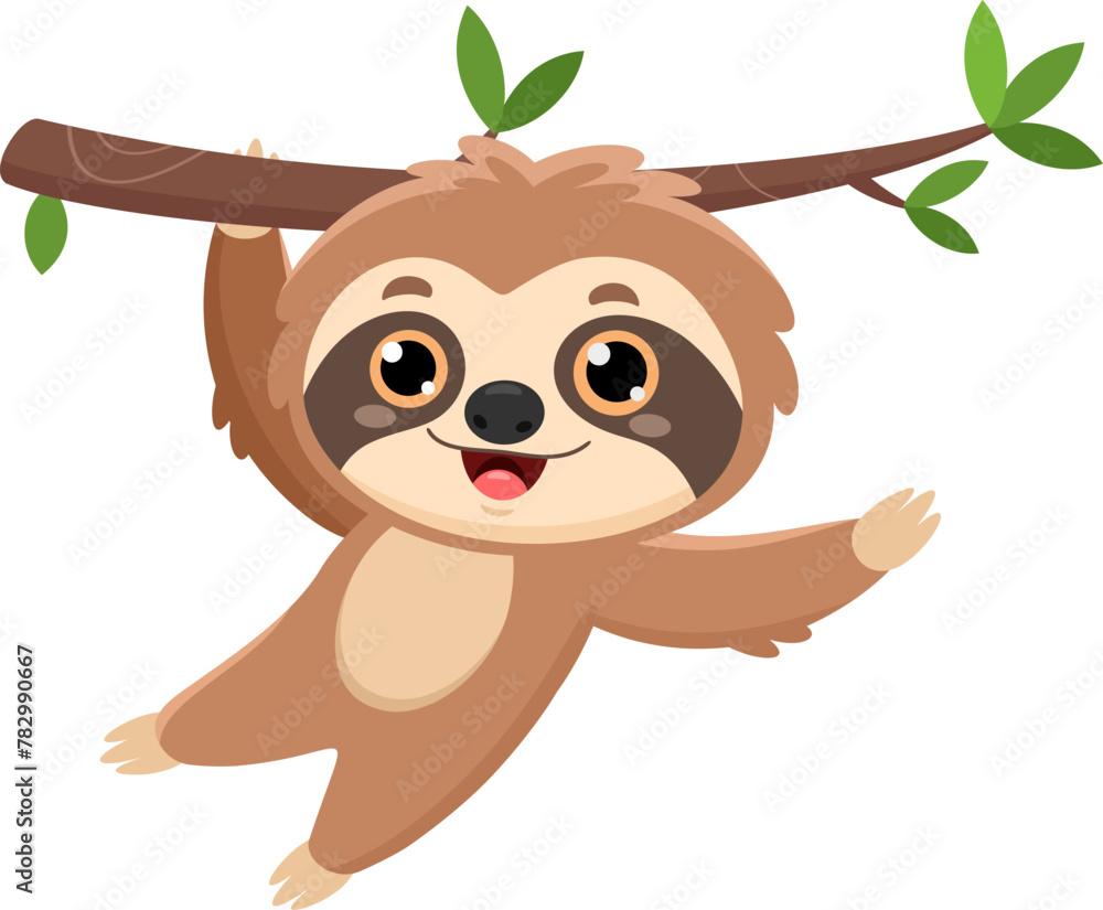 Fototapeta premium Funny Cute Sloth Cartoon Character Waving For Greeting. Vector Illustration Flat Design Isolated On Transparent Background