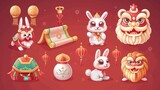 CNY cartoon element set including rabbits, sycees, scrolls, fortune bags, and lion dance performances.