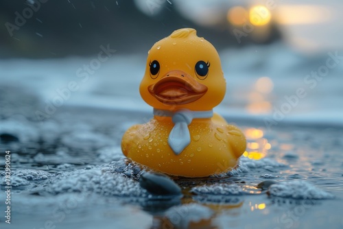 Rubber yellow duck toy with a playful tie floating on calm water during golden sunset, creating a nostalgic scene