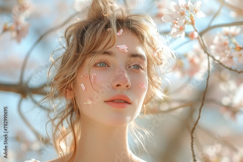 A mysterious young woman with flower petals adorning her face, showcasing natural beauty and spring whimsy