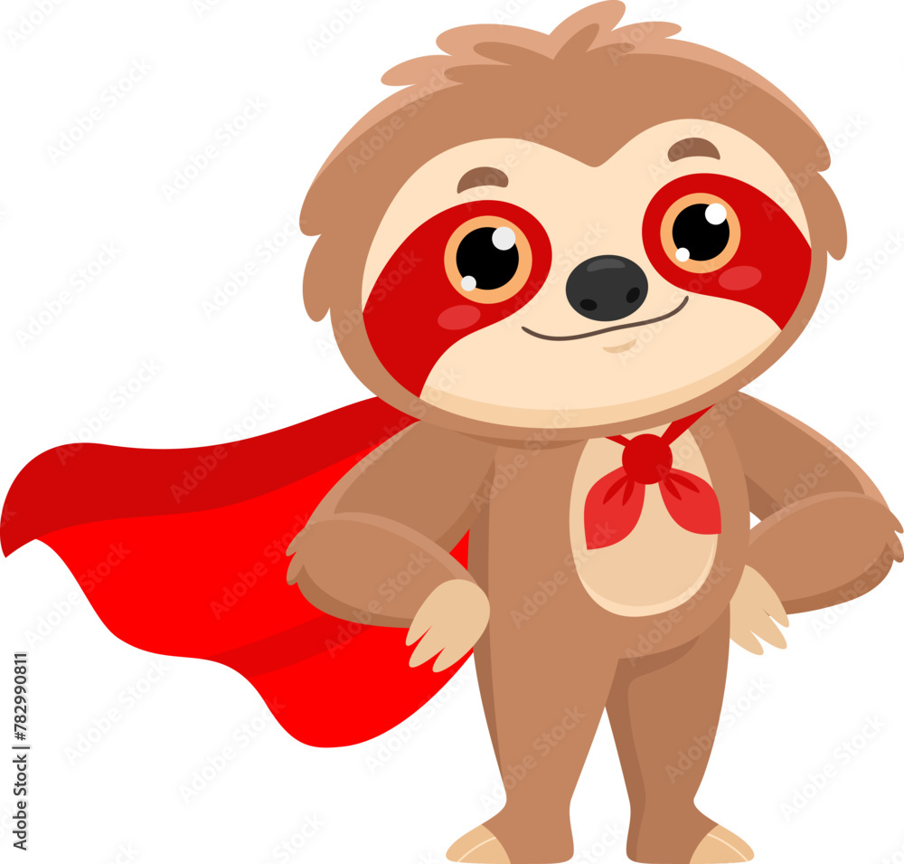 Obraz premium Funny Cute Sloth Cartoon Character SuperHero. Vector Illustration Flat Design Isolated On Transparent Background
