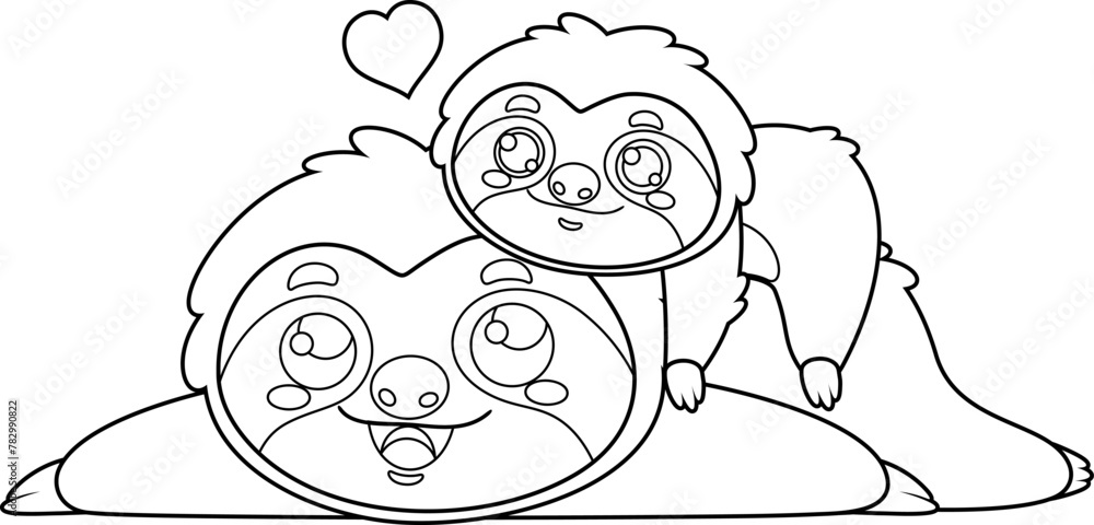 Naklejka premium Outlined Cute Sloth Mom And Baby Cartoon Characters. Vector Hand Drawn Illustration Isolated On Transparent Background