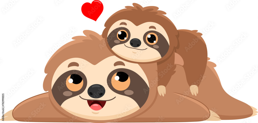 Fototapeta premium Cute Sloth Mom And Baby Cartoon Characters. Vector Illustration Flat Design Isolated On Transparent Background