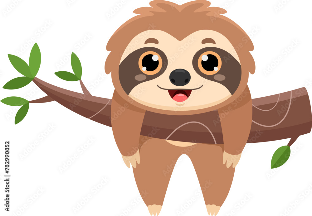 Fototapeta premium Happy Cute Sloth Cartoon Character Lazy Hanging On A Tree Branch. Vector Illustration Flat Design Isolated On Transparent Background