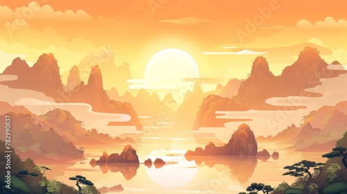 A modern oriental style background with a classic Chinese mountain and river landscape illustration.