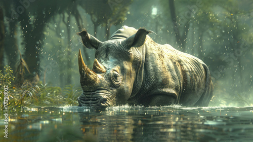Portrait of a Rhinoceros in its Natural Habitat. Rhino Roaming Savannah.