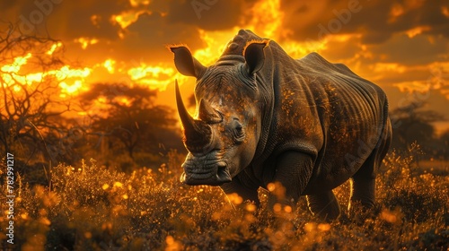 Portrait of a Rhinoceros in its Natural Habitat. Rhino Majestically Posing on Savannah.