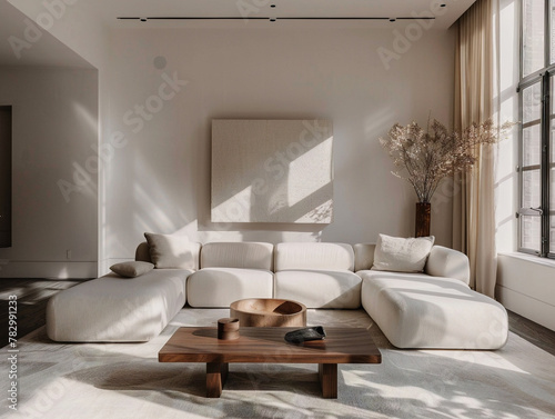 Modern living room with neutral color scheme  clean lines  and minimalist design aesthetic.