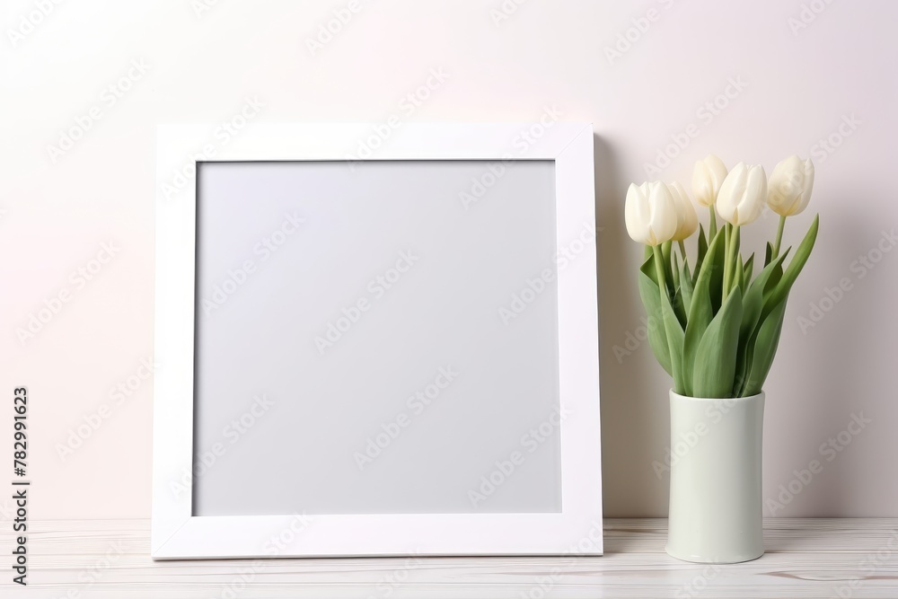 Elegant white picture frame with a bouquet of white tulips in a vase on a light wooden surface. White Frame and Tulips on Soft Pastel Background Elegant white picture frame with a bouquet of white tulips in a vase on a light wooden surface. White Frame and Tulips on Soft Pastel Background