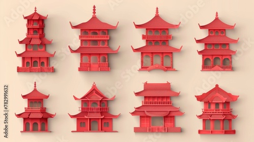 The red paper art style of asia traditional buildings is shown side by side on a beige background with two red traditional buildings illustrated side by side.