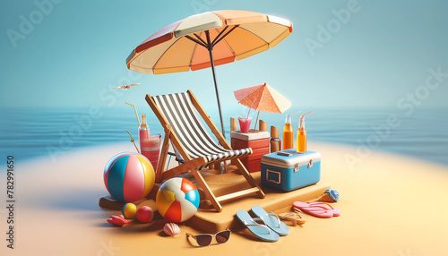 Beach ball overlooking the ocean with beach chair, yellow umbrella, cooler, slippers and summer items. The overall atmosphere is relaxed and inviting, designed to evoke the spirit of summer holidays. photo