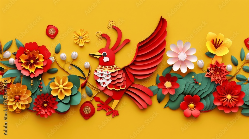 Decorative chinese new year paper art illustrations. A red bird and rabbit are shown on a yellow background with an exquisite pattern.