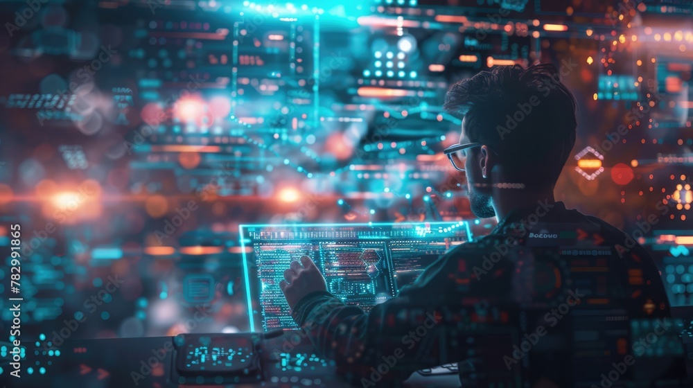 AI Content Generation. Visionary professional designs with AI interface, digital code flows. Future of creativity AI Content Generation. Visionary professional designs with AI interface, digital code flows. Future of creativity